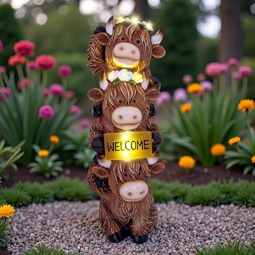 12 Inch Highland Cow Garden Statue Solar Outdoor Decor for Yard Patio Porch by Evursua