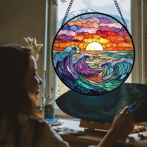 Clouds and Sea Waves Stained Glass Window Hanging Suncatcher Gifts 15" - Image 2