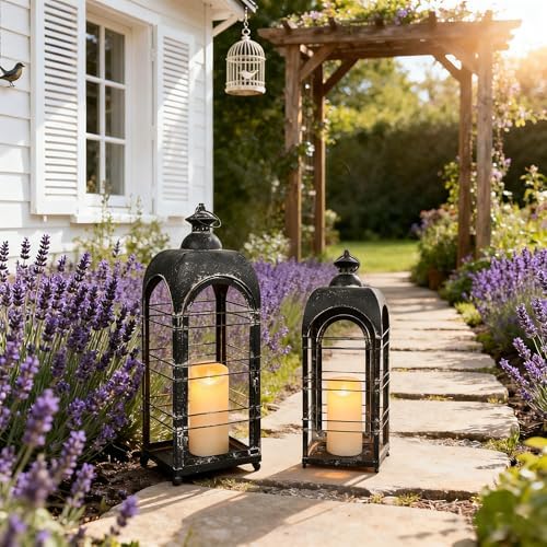 Christmas Decorations Vintage Metal Candle Lantern 2Pcs 25in & 20in Distressed Black Rustic Large Lanterns Farmhouse Hanging Candle Holder Lantern for Xmas Indoor & Outdoor Front Porch Patio Decor - Image 4