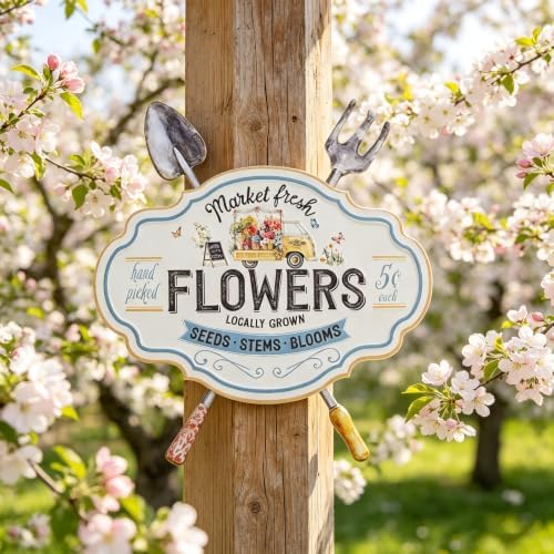 Vintage Metal Garden Sign with Shovel & Fork Decor "Market Fresh Flowers" Rustic Farmhouse Wall Decor for Outdoor Garden Patio Yard 17.5"L (Flower) by Unknown