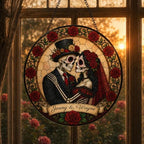 Personalized Skeleton Couple Stained Glass Suncatcher, Gothic Wedding Skull Window Hanging Decor with Name, Romantic Love Sun Catcher Couples Anniversary Wedding Gift for Halloween Gothic Décor 11.81" - Image 2