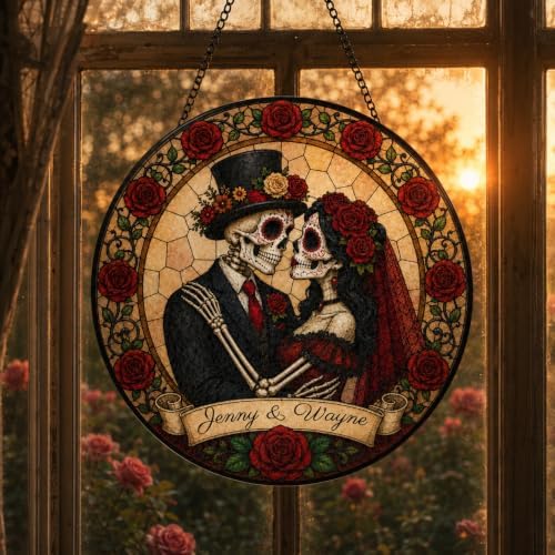 Personalized Skeleton Couple Stained Glass Suncatcher, Gothic Wedding Skull Window Hanging Decor with Name, Romantic Love Sun Catcher Couples Anniversary Wedding Gift for Halloween Gothic Décor 11.81" - Image 2
