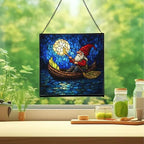 Gnome Canoe Ride Stained Glass Suncatcher – Square Hanging Window Panel for Home or Greenhouse – Whimsical Glass Art Gift for Garden Lovers, Christmas, Halloween, Father Days NYD8LS - Image 2
