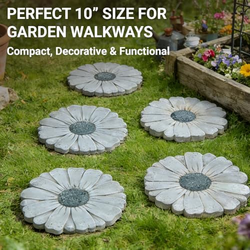 Heavy Duty Concrete Stepping Stone 10 Inch Daisy Design, Non Slip Garden Pathway Stone for Outdoor Walkway Yard Patio Lawn Fall Gadren(Gray) - Image 4
