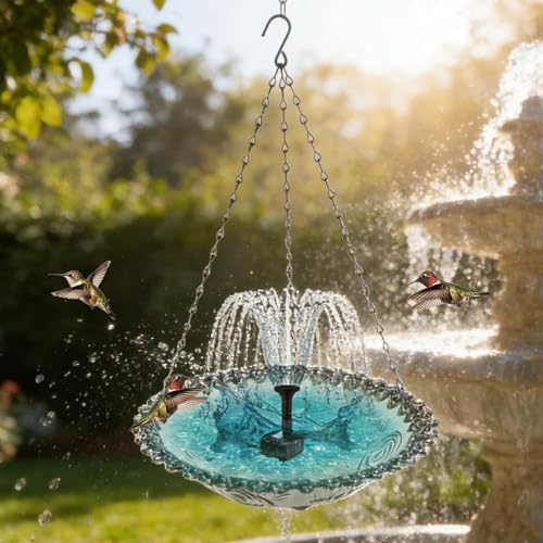 Solar Bird Bath Fountain, Hanging Outdoor Bird Bath with Solar Powered Pump, Weather-Resistant Glass Bowl Fountain, Multi-Spray Modes for Garden, Patio, Backyard, Attracts Birds (Pink) - Image 2