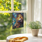 Gnome Reading in Treehouse Stained Glass Suncatcher – Square Hanging Window Panel for Home or Greenhouse – Whimsical Glass Art Gift for Garden Lovers, Christmas, Halloween, Father Days yU5sb7 - Image 3