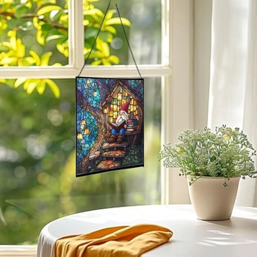 Gnome Reading in Treehouse Stained Glass Suncatcher – Square Hanging Window Panel for Home or Greenhouse – Whimsical Glass Art Gift for Garden Lovers, Christmas, Halloween, Father Days yU5sb7 - Image 3