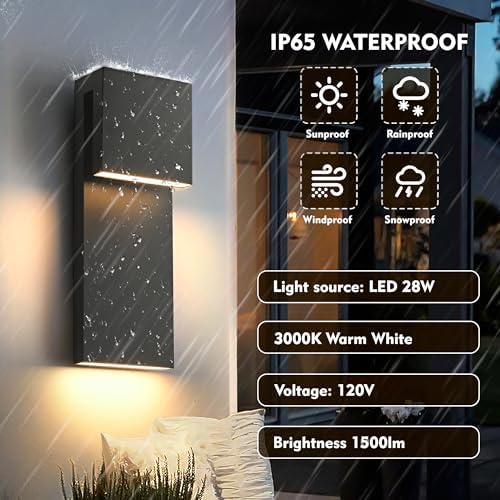 Modern LED Large Outdoor Wall Light 3000K 28W IP65 Waterproof Integrated LED Outdoor Wall Sconce Anti Rust Black Porch Lights Exterior Lighting Outside Lights Fixture for Garage,Balcony,Backyard 1PACK - Image 3