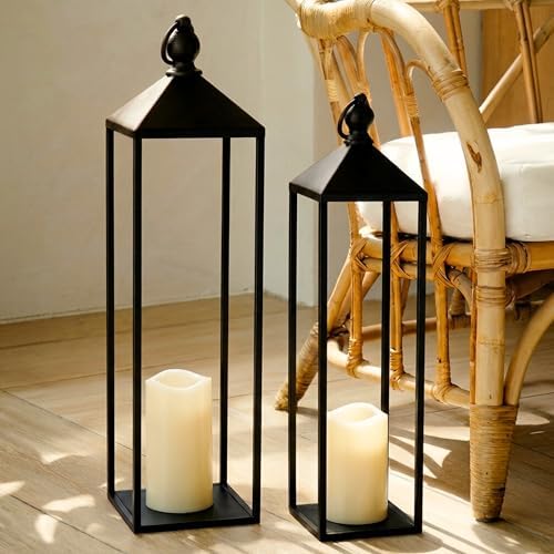 Perfnique Decorative Lanterns for Indoor & Outdoor, Set of 2 Black Metal Lanterns (22" & 19") with LED Timer Flameless Candles, Farmhouse Modern Decor for Front Porch, Patio, Mantle by PERFNIQUE