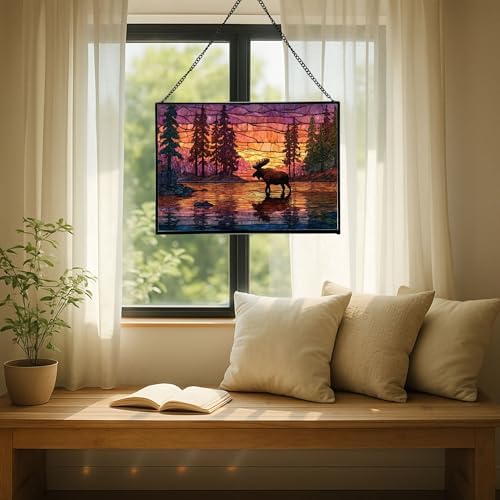Moose Wading Through Shimmering Lake Rectangular Stained Glass Suncatcher – Hanging Window Panel with Animal & Nature Scene – Vibrant Glass Art Gift for Wildlife, Fantasy, Nature Lovers Id2VhA - Image 7
