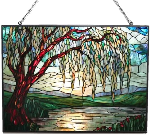 Art Nouveau Willow Pond Tree Stained Glass Window Hanging, Colorful Sun Catchers Glass Panel Rectangle Suncatcher Decor for Birthday for Women, Men, Wife, Aunt, and Mom 15"x11" by 365CUSGIFTS