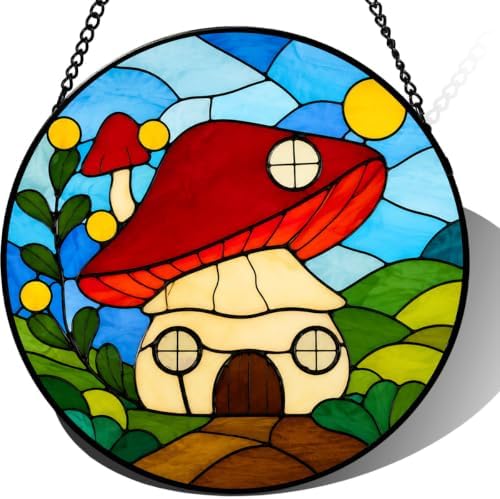 9.84 Inch Stained Glass Suncatcher Mushroom House Window Hanging Whimsical Art Glass Ornament for Home Decor Unique Nature Gift for Mom Garden Lover Birthday Or Housewarming by Unknown