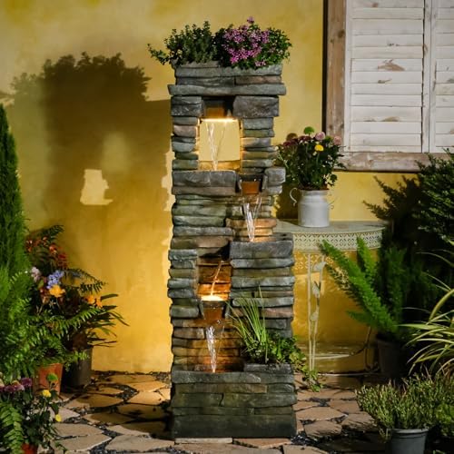 Tankana 60 inches Large Outdoor Water Fountain Waterfall — Garden Rock Fountains 4-Tiered Waterfalls Outdoor with Lights Natural Stone Look Hollow Fountain for Patio Pool Porch Backyard, Stone Gray by Tankana
