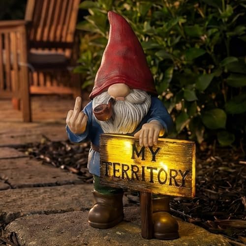 Lavezee Funny Garden Gnome, Middle Finger Gnomes Statue with Solar Lighted Sign – “My Territory” for Patio Backyard Porch Outdoor, Humorous Housewarming Gifts for Men Dad Husband by Lavezee