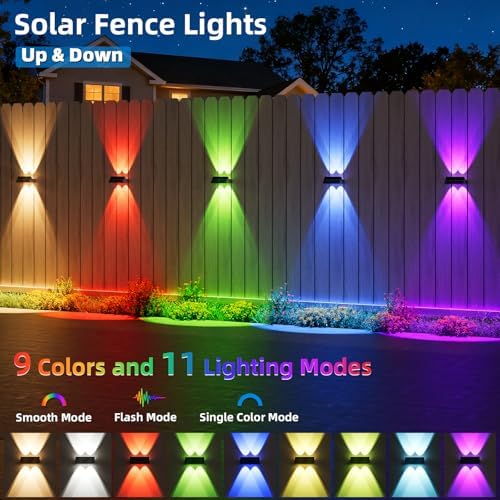NIORSUN Solar Fence Lights Outdoor, 6 Pack Up and Down Waterproof Solar Wall Lights, Warm & Cool White + RGB, Fence Lights with Lens, Dusk to Dawn Lighting for Patio, Backyard, Pool, Railing (Black) - Image 2
