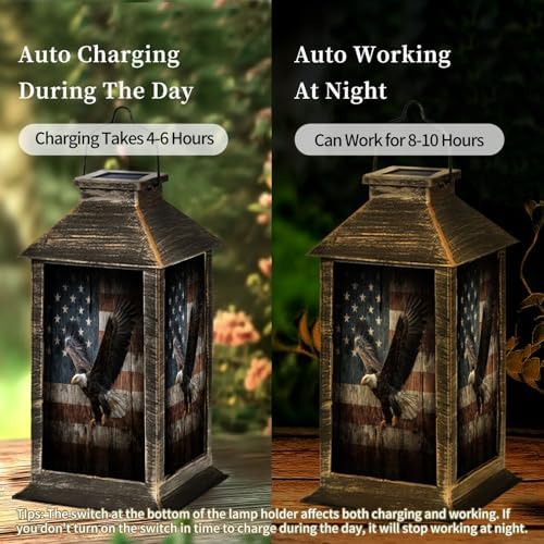 Solar Lantern Cinematic Eagle Gliding Vintage Wooden American Flag Outdoor Waterproof Garden Hanging Lantern Solar Powered Lighting Outside Table Lamp for Patio Deck Camping 1 Pack - Image 3
