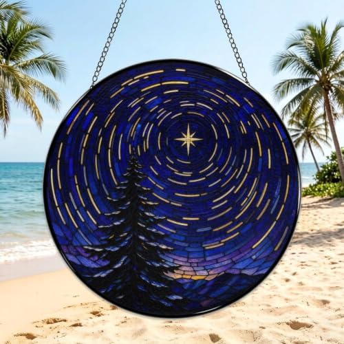 Star Spiral Winter Pine Stained Glass Suncatcher 11.8" Colorful Window Hanging Ornament, Sun Catcher Decor for Bathroom Front Door Living Room Home Wall Garden - Image 3