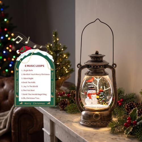 Christmas Snow Globe Lantern with Snowman and Cardinal, Vintage Kerosene-Style Musical Lighted Water Lantern with Swirling Glitter, 6H Timer, USB Powered or Battery Operated, Christmas Decor Gift - Image 6