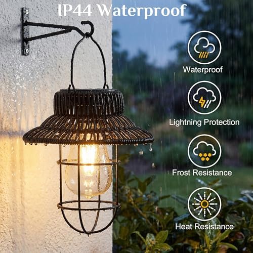 pearlstar Solar Lanterns Outdoor Waterproof Hanging Solar Lights Outside Wall Sconce Lights with Edison Bulbs for Patio Porch Fence Garden Yard Garage Decor&Gifts (2Pack Black Rattan Woven) - Image 3