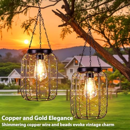 Hanging Solar Lanterns Outdoor Waterproof, Vintage Copper Hanging Lantern Lights for Outside, Solar Chandelier Outdoor Idea for Yard Garden Pathway Gazebo Pergola Porch Decor (4) - Image 2