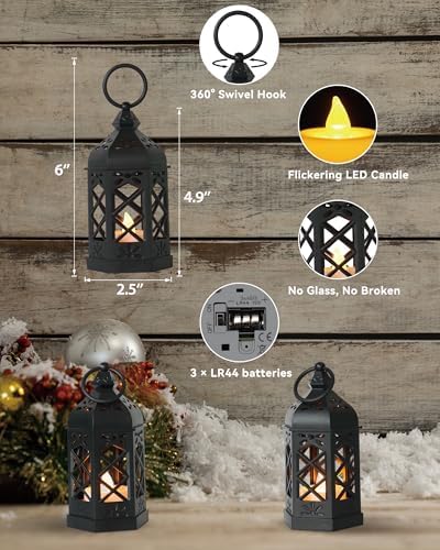 12-Pack Mini Lanterns with Flickering LED Candles for Ramadan, Moroccan Decorative Hanging Lanterns for Halloween, Christmas, Wedding, Black Lantern for Table Centerpiece, Home & Party Decor - Image 3