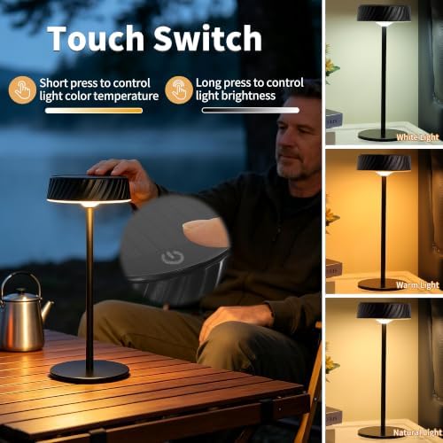 Solar Outdoor Waterproof Cordless Rechargeable Set of 2 Table Lamp, Portable Touch Dimmable Battery Operated Table Light with Adjustable Height Pole, for Patio Restaurant Kitchen (Black 2 Pack) - Image 7
