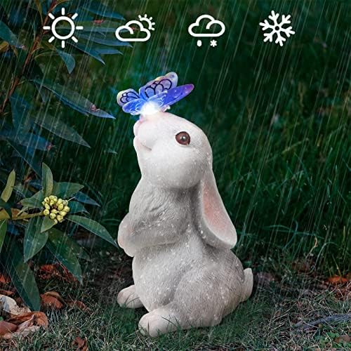 Garden Statue Outdoor Decor Rabbit with Solar Butterfly Changing Lights - Image 5
