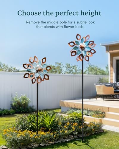 Copper Wind Spinners Outdoor 74 Inches with Solar LED Light, Kinetic Dual Wind Sculptures & Spinners for Yard Lawn Garden Decor, Large Metal Clearance Windmill with Bronze Leaf - Image 6