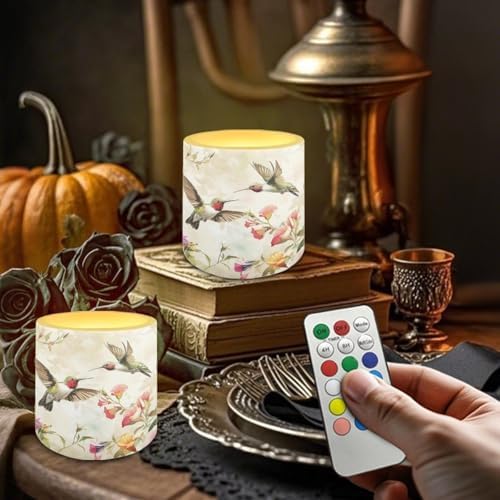 Flickering Flameless Candles with Remote Battery Operated Candles with Color Changing Timer Control LED Pillar Tea Lights for Patio Porch Banquet Home Decorations, Vintage Floral Hummingbird - Image 3