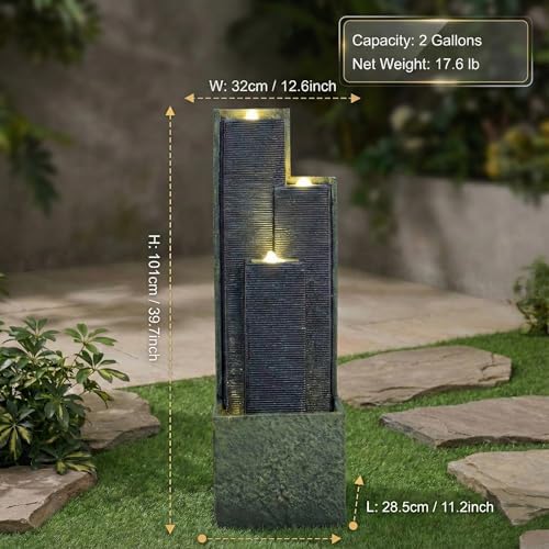 39'' H Modern Cascading Outdoor Water Fountain with LED Lights, Freestanding Tiered Water Feature for Garden, Patio, Porch, Lawn & Backyard Decor,Resin,Natural Texture,Weather-Resistant - Image 2