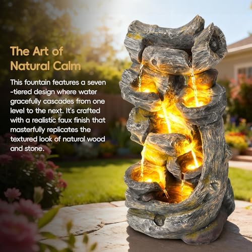 7-Tier Cascading Outdoor Water Fountains with LED Lights, 37.2" H Large Outdoor Waterfalls with Moss & Wood-Look for Garden, Patio, Yard Decor - Image 6