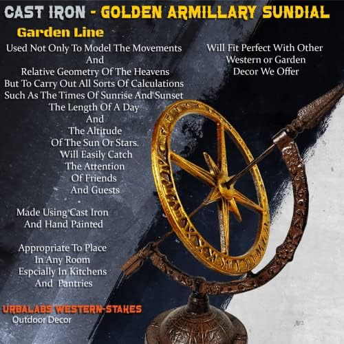 Urbalabs Iron Cast Hand Painted Golden Armillary Sundial Bronze Housing and Gold Painted Metal Disk Roman Numerals Compass Base Garden Themed Metal Decor Indoors Or Outdoors Iron Heavy-Duty - Image 4