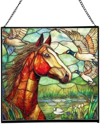 Bay Roan Horse Watching Geese Fly Over Meadow Square Suncatcher – Stained Glass Style Window Panel with Pastoral Scene, Custom Decorative Hanging Art for Equestrian Home, Christmas 1YhChC by Custom
