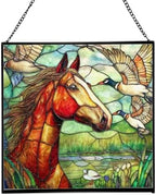 Bay Roan Horse Watching Geese Fly Over Meadow Square Suncatcher – Stained Glass Style Window Panel with Pastoral Scene, Custom Decorative Hanging Art for Equestrian Home, Christmas 1YhChC by Custom