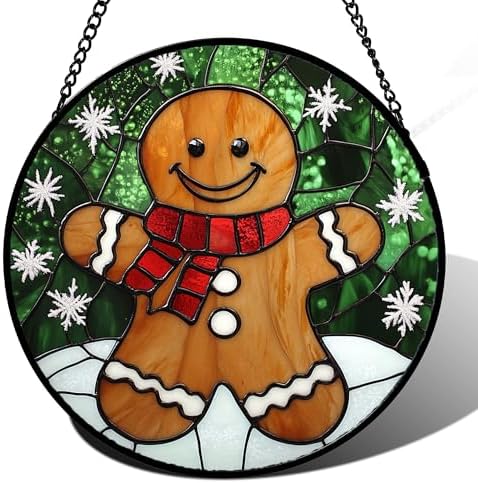 Smiling Gingerbread Man Stained Glass Window Hanging Suncatcher Gifts 9.8" by Follow