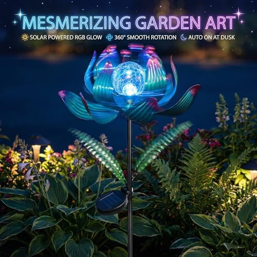 38 Inch Solar Wind Spinner Outdoor, Kinetic Lotus Yard Art with Glass Light - Image 5