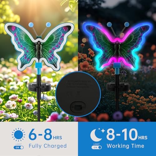 Solar Butterfly Lights Outdoor,Butterfly Solar Lights for Outside, Solar Garden Decor, Outdoor Garden neon Lights,Pathway Butterfly Lights, Gifts for mom (Light Blue,2pack) - Image 2