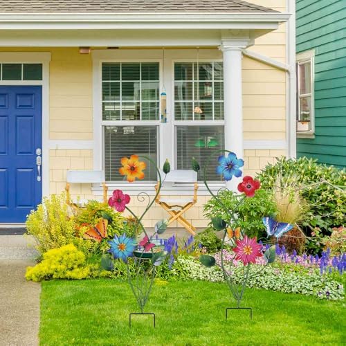 YEAHOME Garden Decor for Outside, 2 Pack 37“ Metal Butterfly Garden Stakes, Spring Wall Decor, Colorful Look & Personalities Flowers Yard Art for Outdoor Lawn Backyard Porch Patio Home Decorations - Image 2