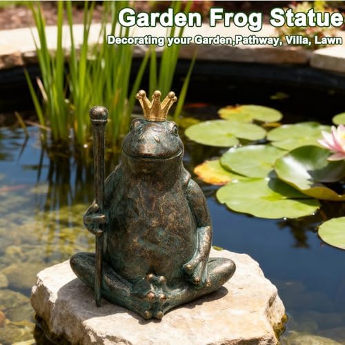 Frog Garden Statue, Yard Decorations Outdoor Decor, Weather-Resistant Animal Figurines & Sculptures, Seated Prince Frog with Scepter for Patio & Lawn, 11.5" H×9.8" L - Image 5