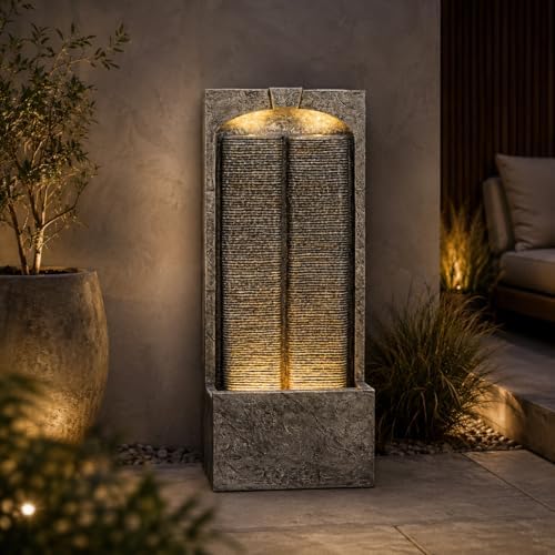 39" Modern Freestanding Wall Fountain with Pump & Warm LED Lights, Weather-Resistant Dual Water Wall Feature for Garden, Patio, Porch & Backyard Decor - Image 5