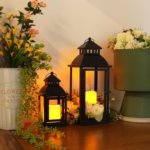 LED Lanterns Decorative Outdoor&Indoor, Set of 2 (17’’&11’’) Large Black Metal Lantern Decor with bronze brush, Candle Holder for Porch, Patio, Garden, Balcony, Wedding Decorations (No Glass) - Image 6