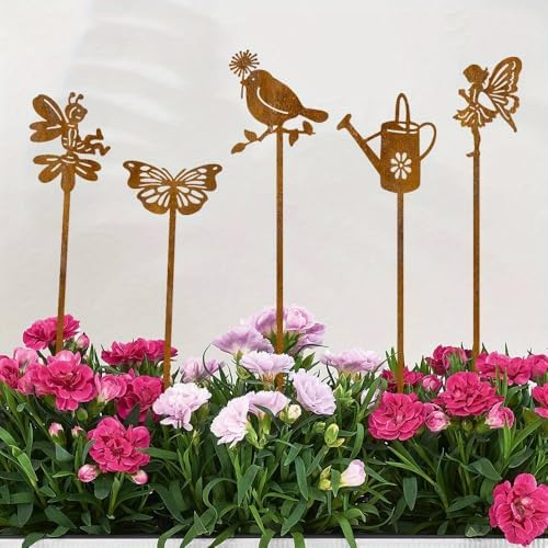 Garden Decorations 5pcs Rusty Metal Stakes - Rustic Outdoor Decor -of Rust-Look Stakes for, Patio Balcony - Vintage Yard Art with Handcrafted Appeal - Image 2