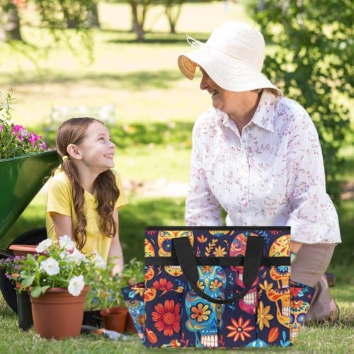 Lovely Skull Cute Garden Tool Bag Tote for Men Women Multiple Pockets Wide Mouth Heavy Duty Waterproof Tool Organizer Bag for Outdoor Lawn Yard Portable Gardening Storage With Elasticbands - Image 5