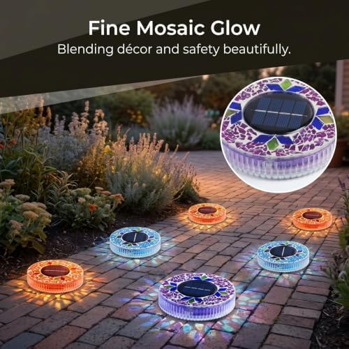 2026 Upgraded Solar Outdoor Mosaic Disk Lights, Mosaic Solar Disk Light, Outdoor Waterproof Mosaic Solar Ground Lights, for Walkway, Patio & Lawn, Decorative Driveway Lamps (Purple*6) - Image 3