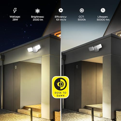 Feit Electric 28W Dusk to Dawn Dual Head Outdoor LED Security Flood Light, 2000 Lumens, 5000K Daylight, Adjustable Heads, Waterproof, Hardwired, 50,000-Hour Lifetime, S9DFL/850/DD/WH - Image 6