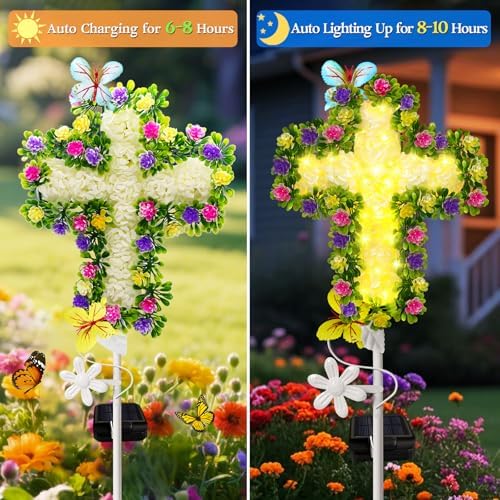 2Pack Solar Flower Cross Garden Stake Light,Grave Decorations for Cemetery - Image 2