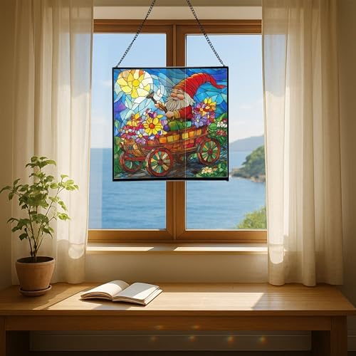 Gnome in a Wagon Ride Stained Glass Suncatcher – Square Hanging Window Panel for Home or Greenhouse – Whimsical Glass Art Gift for Garden Lovers, Christmas, Halloween, Father Days KkTJmY - Image 6