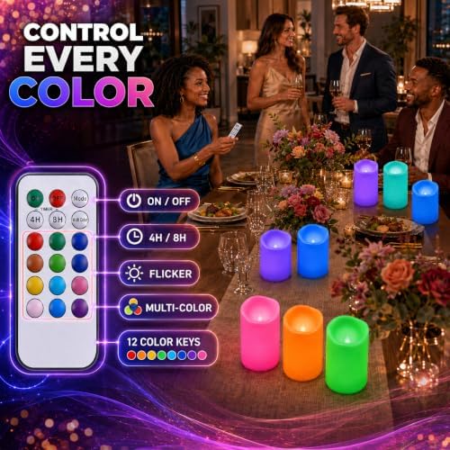 Enido Flameless Candles, Color Changing LED Candles(D: 3" x H: 4" 5" 6") Battery Operated Outdoor Waterpoof Candles Plastic Pack of 9 Flameless Pillar Candles - Image 4