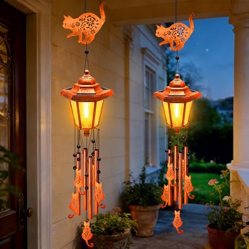 Cat Solar Wind Chimes for Outside, Birthday Gifts for Mom Women Grandma Mother's Day Memorial, 34-Inch Windchimes with Wind Spinner, Outdoor Hanging Solar Lights Waterproof Garden Decor Yard, 2 Pack by VOOKRY