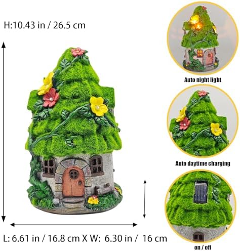 COWOS Solar Powered Mossy Fairy Cottage with LED Lights - Resin Miniature Garden House, Waterproof Outdoor Statue for Patio, Yard, Lawn, Gift for Garden Lovers & Kids - Image 2